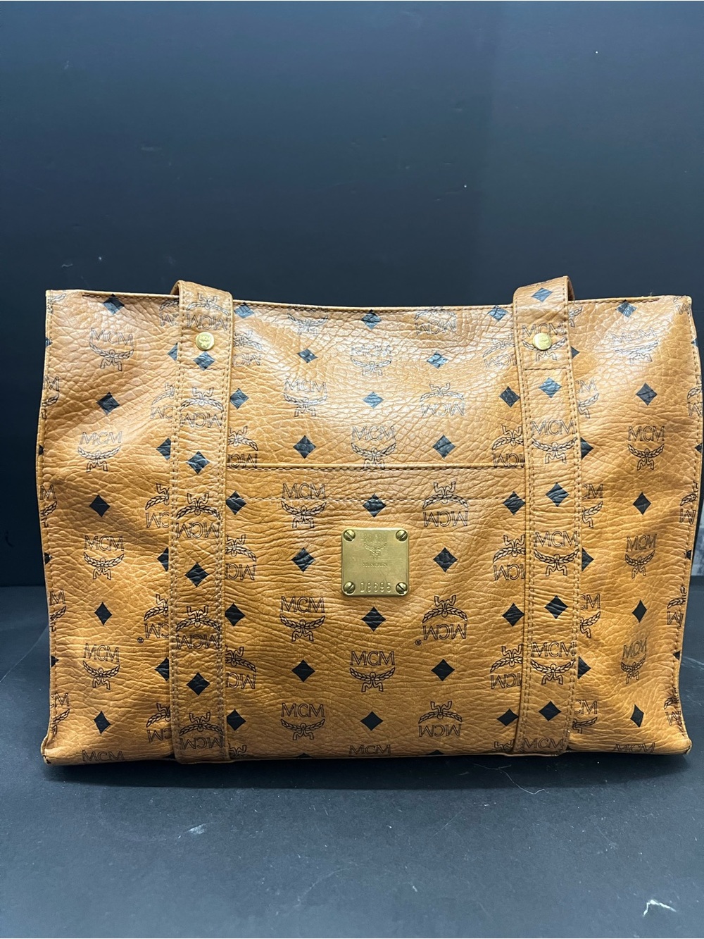 MCM Cognac Monogram Visetos Tote with Gold Plaque